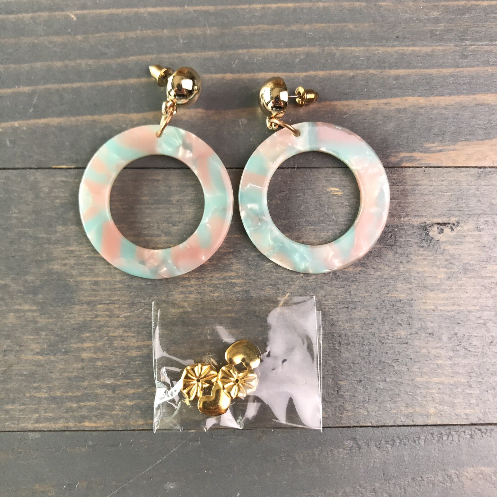 Pink Teal plastic disc earrings dangle circle With Extra Backs marbled pattern