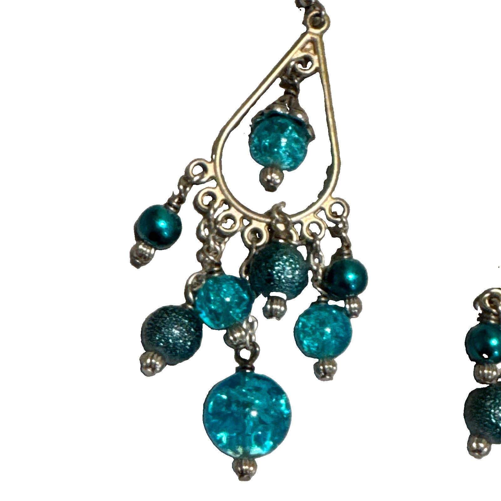 Silver Tone Blue Beaded Teardrop Chandelier Dangle Hook Earrings