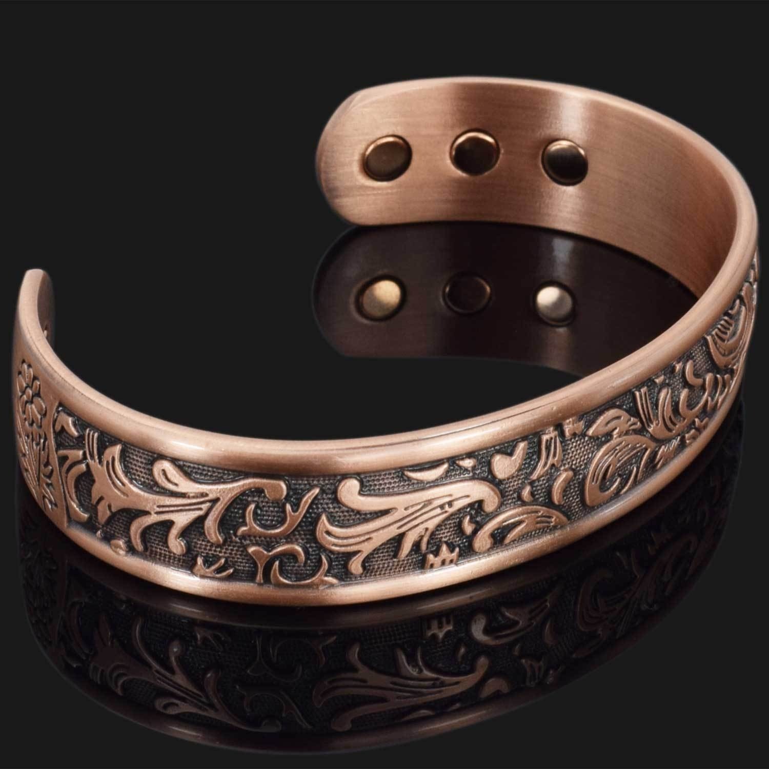 Antique Copper Cuff Bracelet Ornate Scroll Pattern Wide Wristband Vintage Style