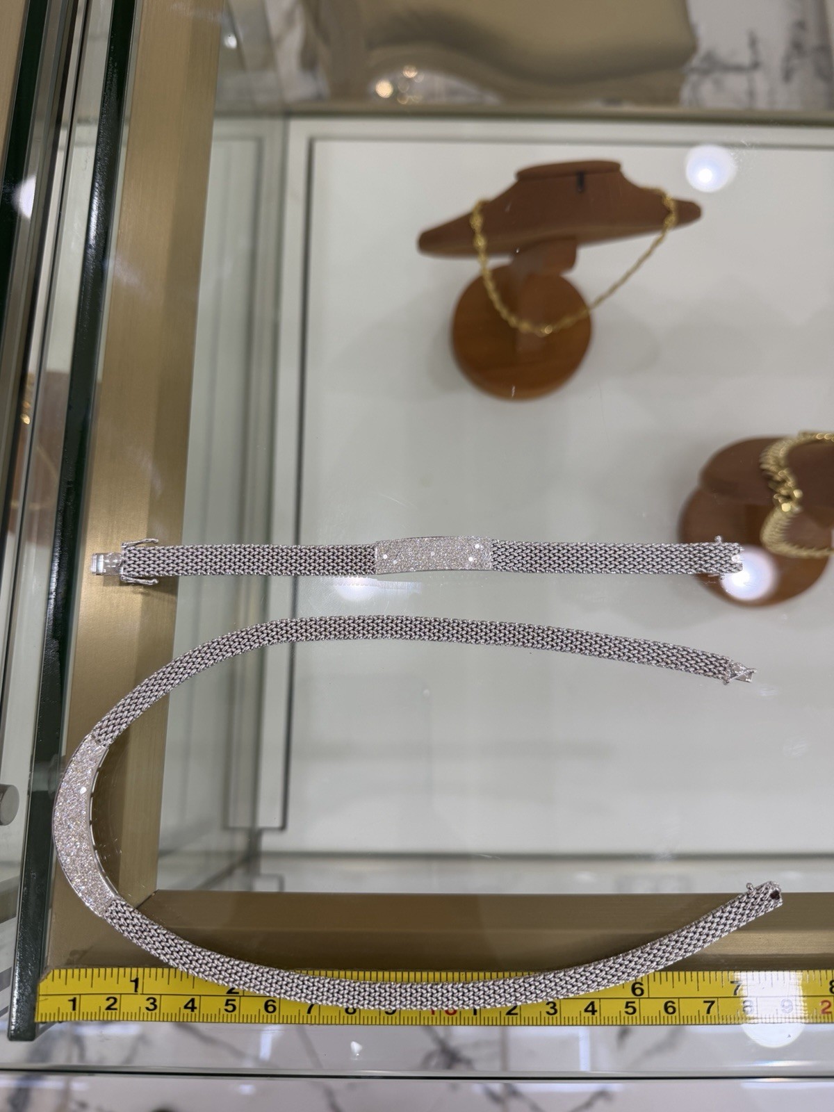 14K White Gold Mesh Chain Necklace and Bracelet with Round White Diamond Pavé