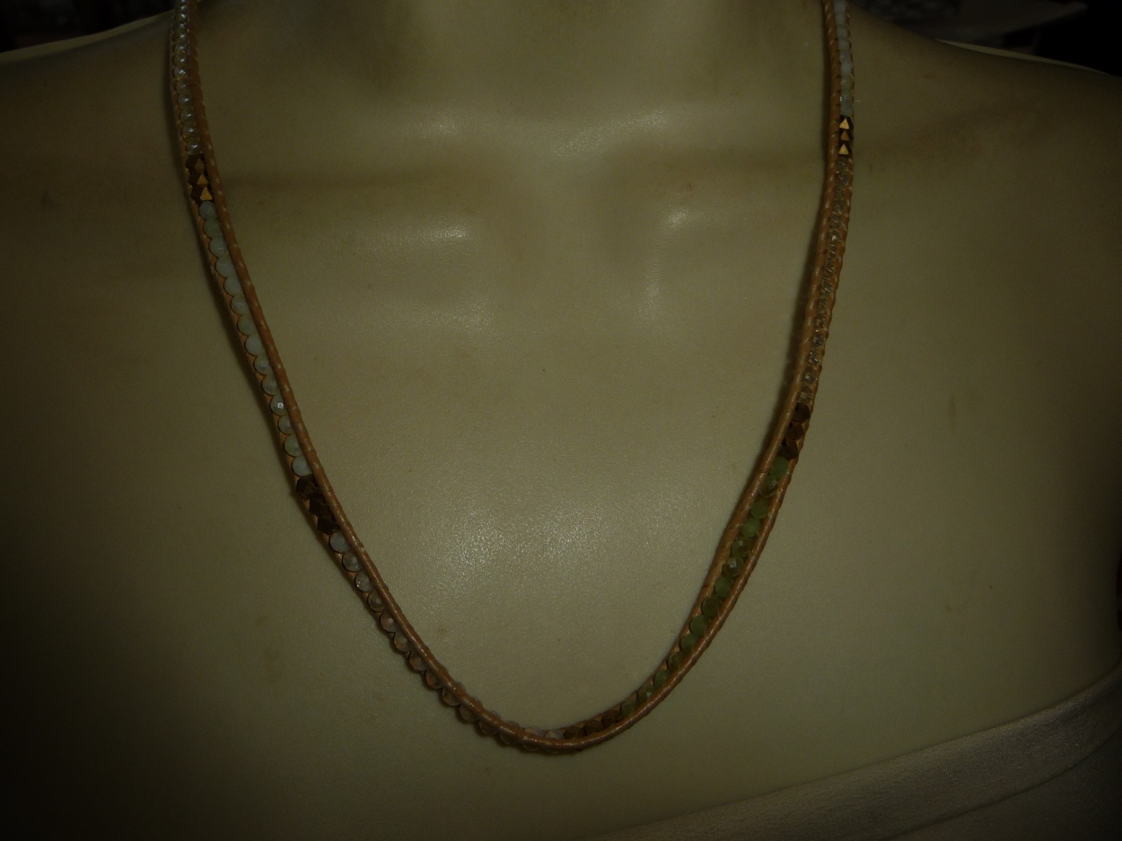 WOVEN TINY OFF WHITE & GOLD TONE CRYSTAL BEADS BEIGE CORD 9”L NECKLACE #2/3