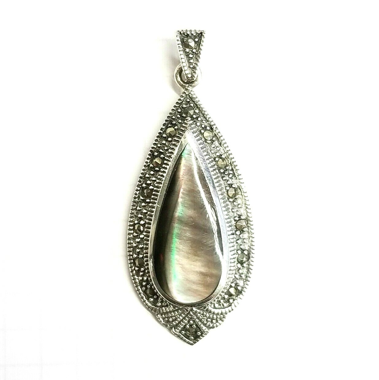 ABALONE SHELL PENDANT Elongated Drop Shape Stone Marcasite .925 STERLING SILVER