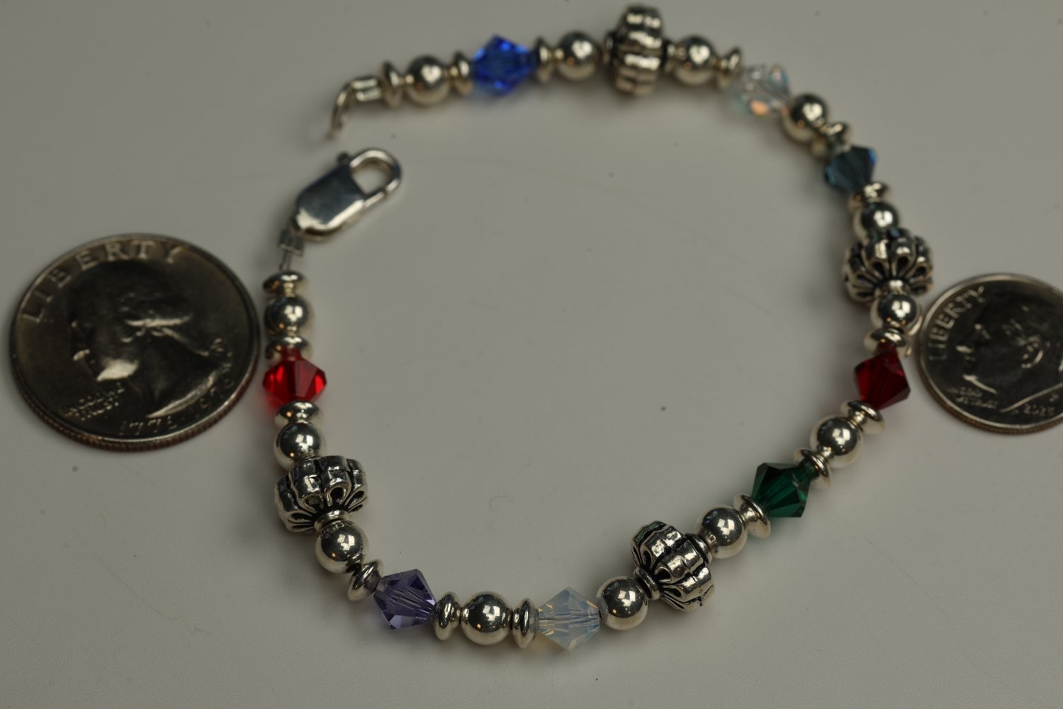 Sterling Silver 925 Multicolor Crystal Beaded Bracelet 7.5″ 8.2g w/ Box
