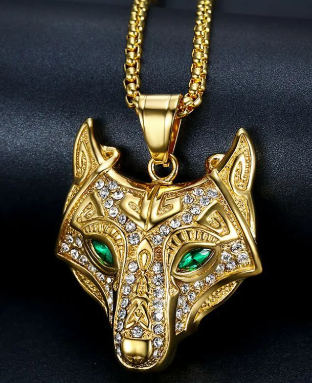 Wolf Head Pendant Necklace Stainless Steel Gold Plated Rhinestone Green Zircon