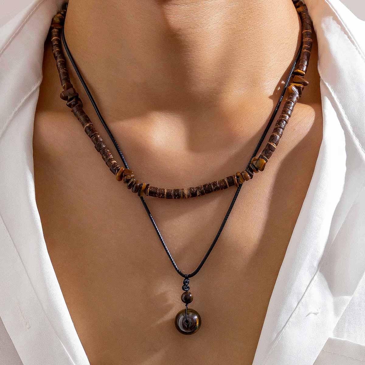 2pcs Boho Stone Pendant Necklaces Vintage Wood Bead Chokers for Men – Ethnic
