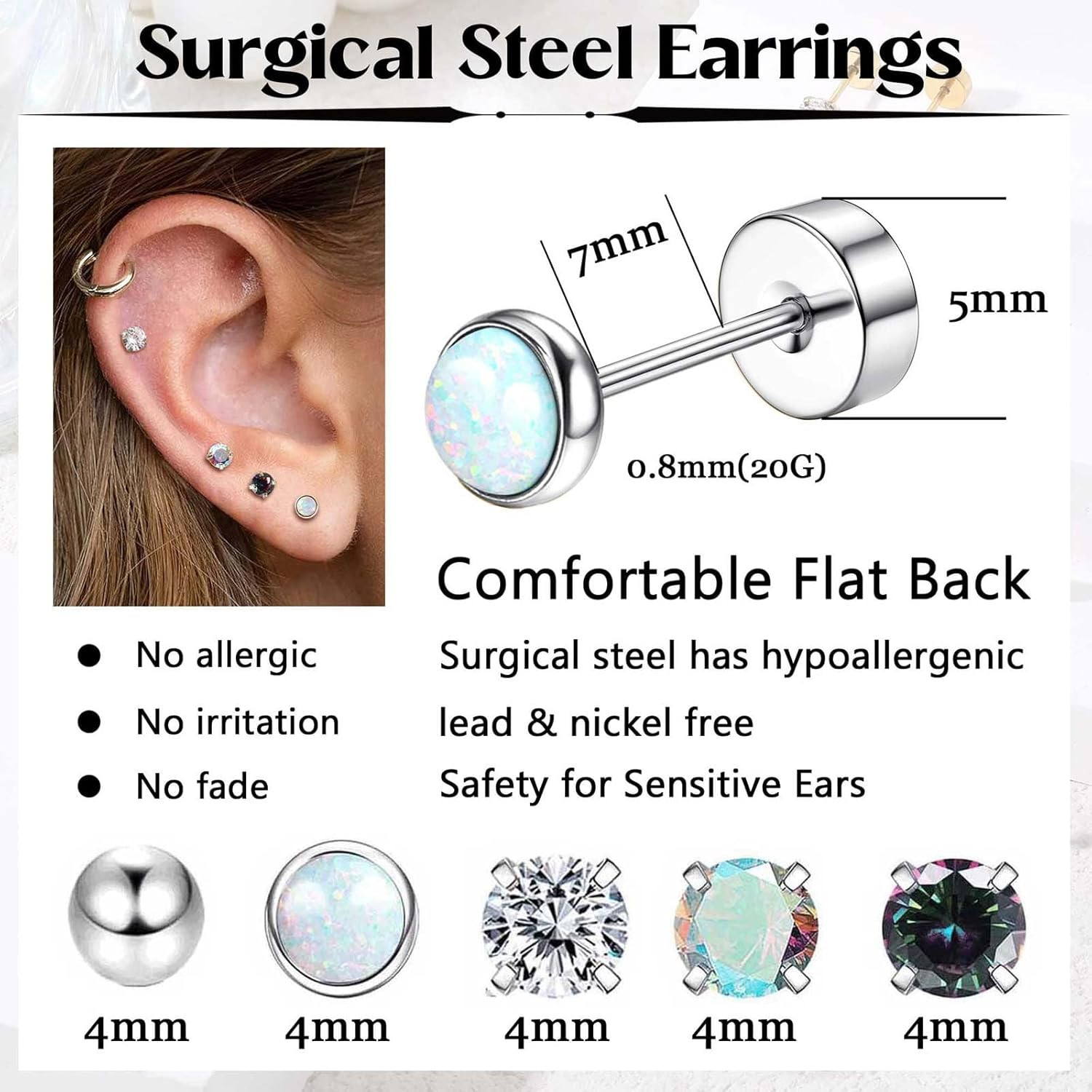 Surgical Steel Earrings for Sensitive Ears Hypoallergenic 20G Stainless Steel St