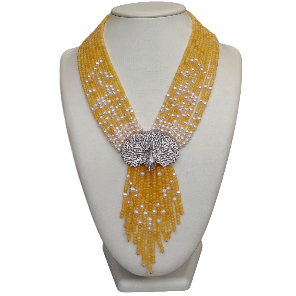 9 Strands Yellow Jade White Pearl Necklace CZ Pave Peacock Pendant19.5″