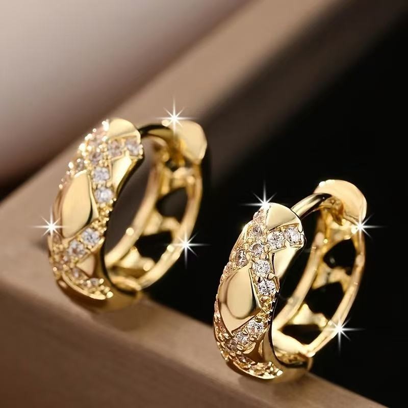 Women 18k Gold Plated CZ Sparkling Round Hollow Hoop Huggie Earring Stud 16mm