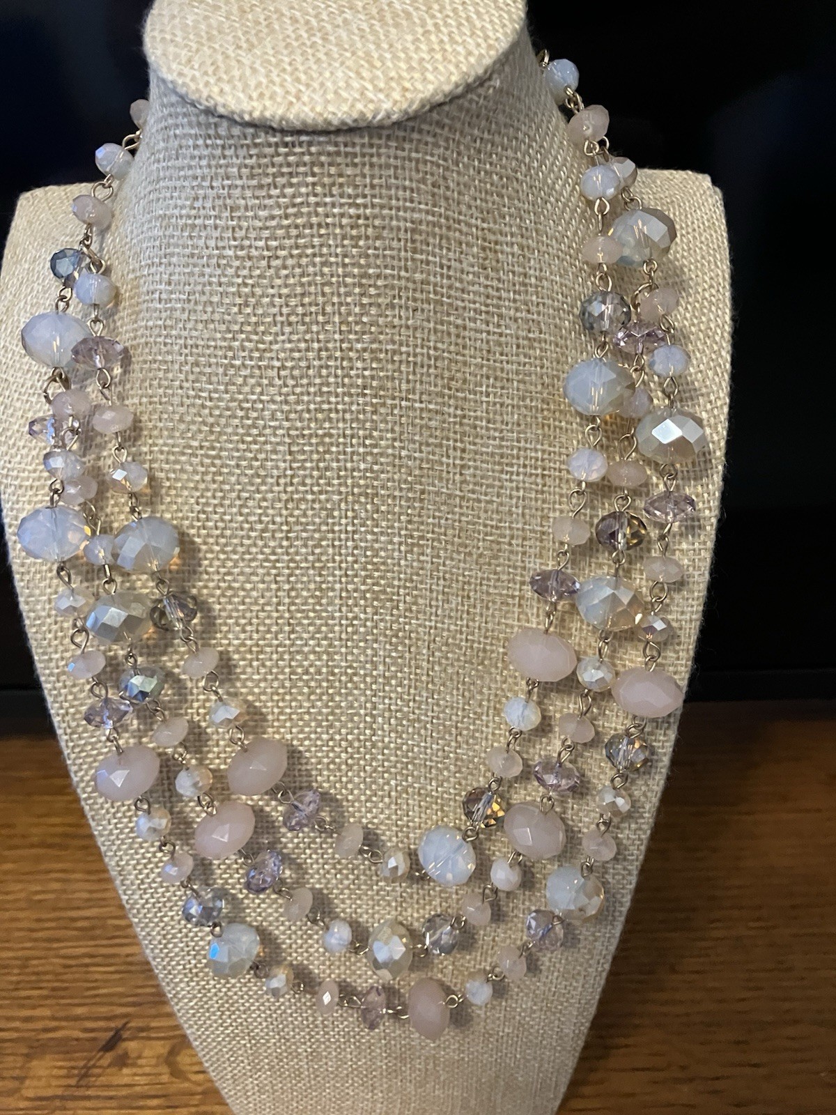 Crystal Triple Layer Necklace 22″+3″ extender faceted beads white/clear