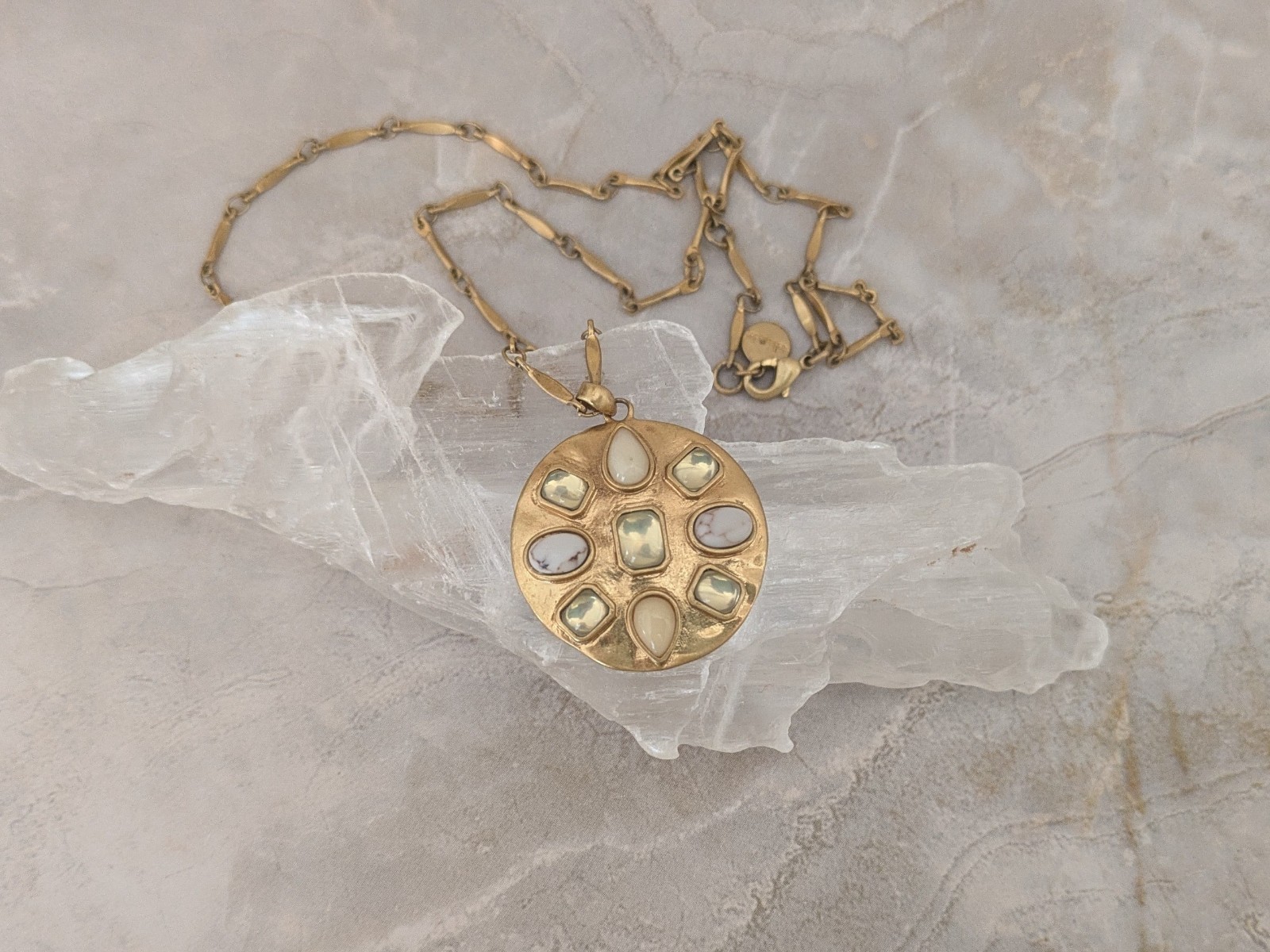 Stella & Dot Gold Tala Pendant Necklace with Yellow, White, Cream Stone Detail