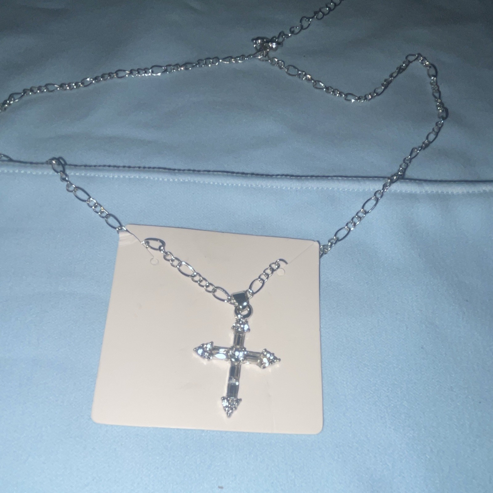 Silver Tone Metal Cable Chain Necklace Religious Cross Charm Pendant