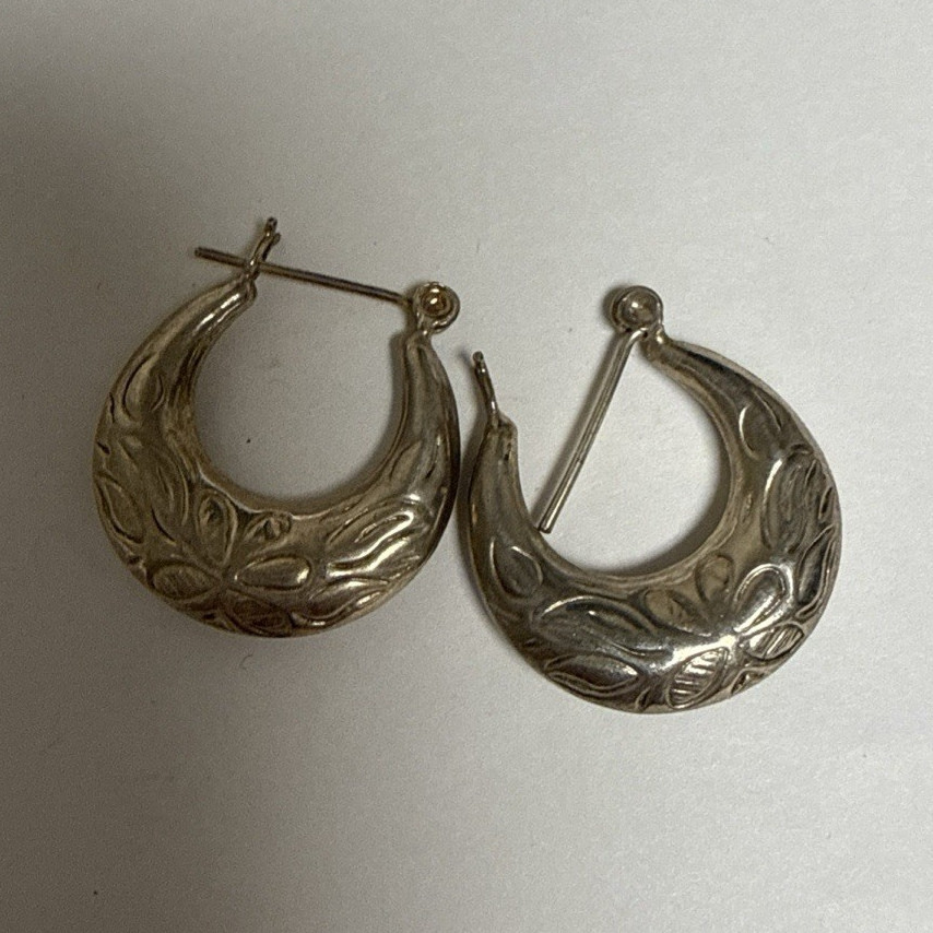 Silver Tone Engraved Teardrop Hoop Earrings, Metal, Hinged Closure, Pair