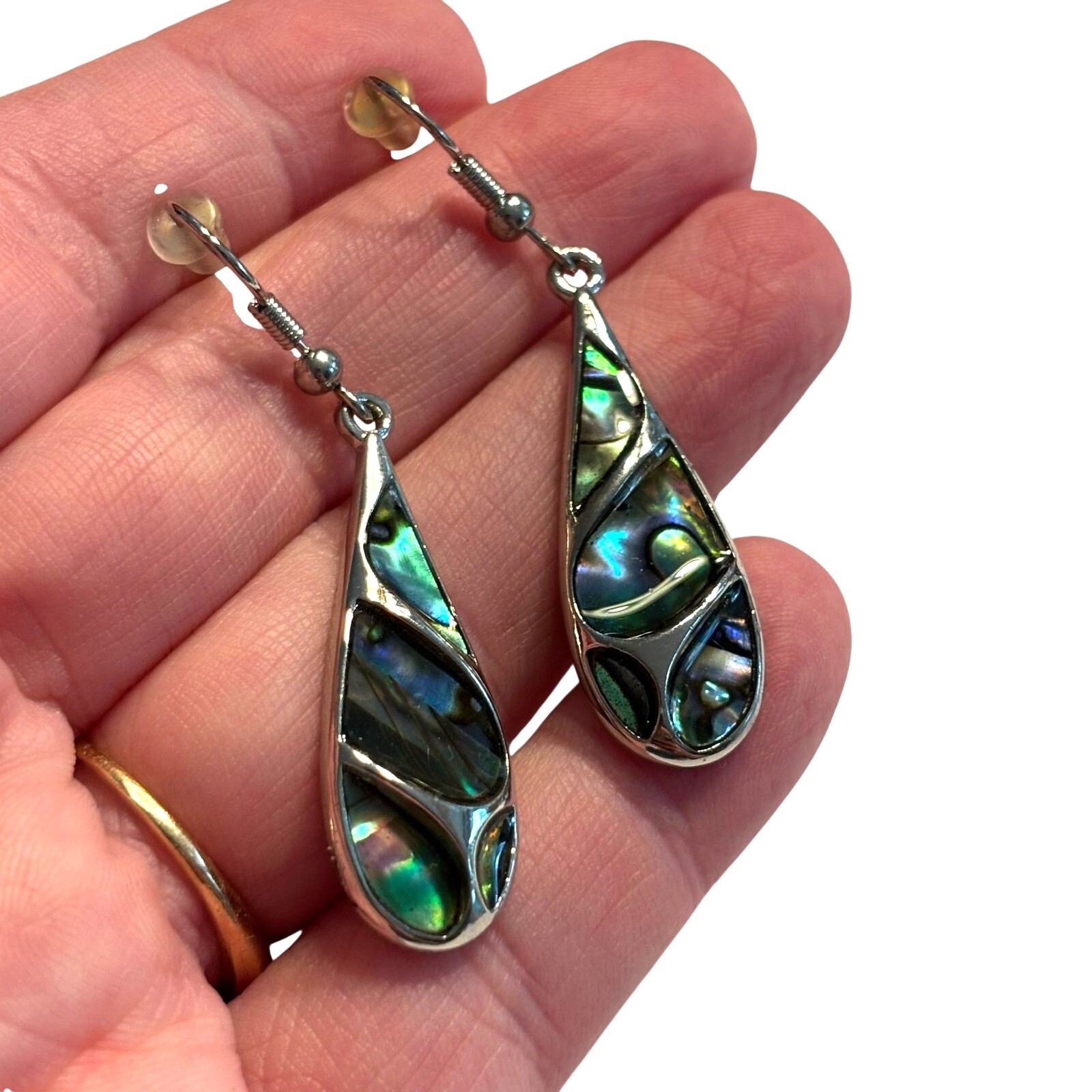 Pierced earrings drop & dangle silver green & blue abalone shell beach teardrops