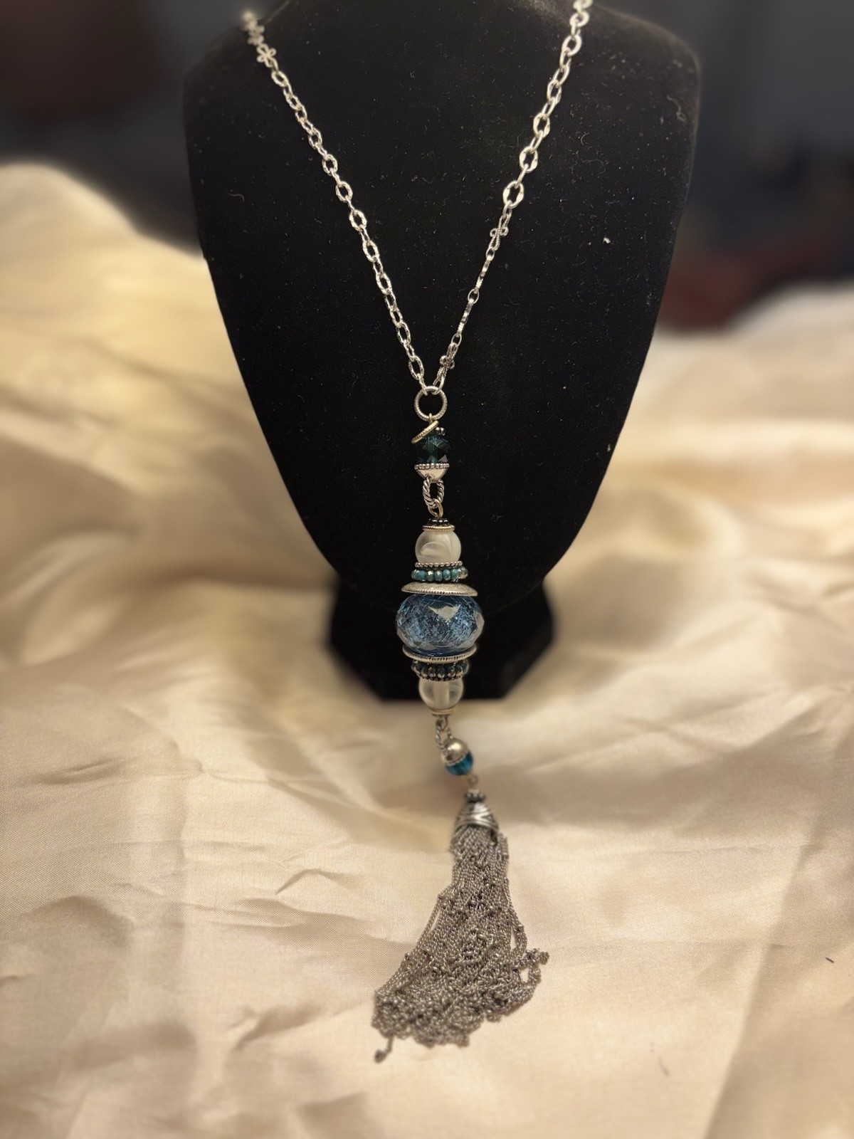 Chico’s Silver Tone Long Adj. Necklace w/ Teal Glass Beads Tassel Pendant. 23”