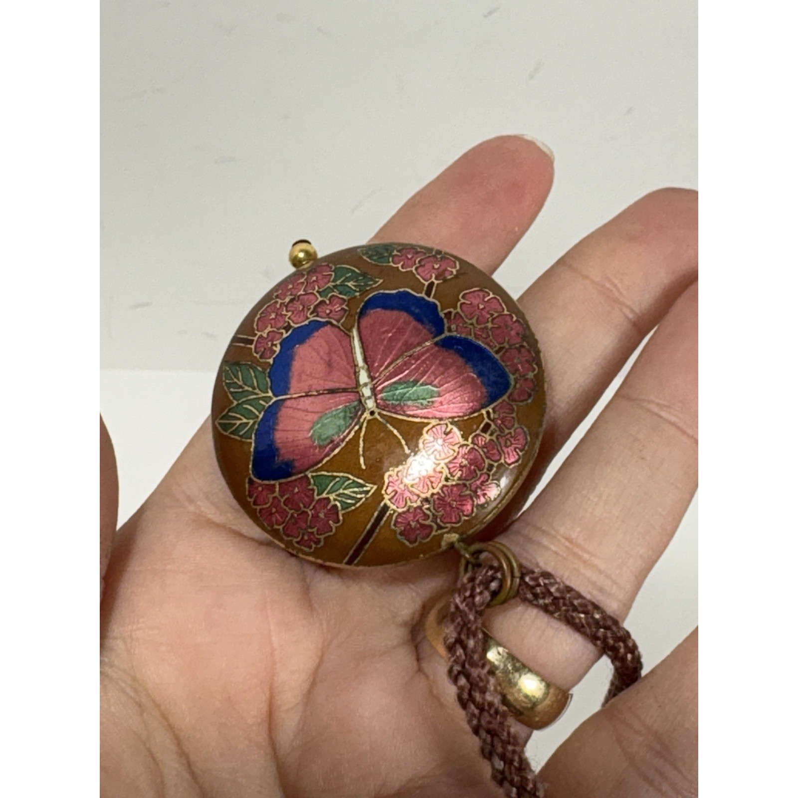 Vintage Cloisonne Butterfly Pendant Necklace Braided Cord Enamel Floral Bronze