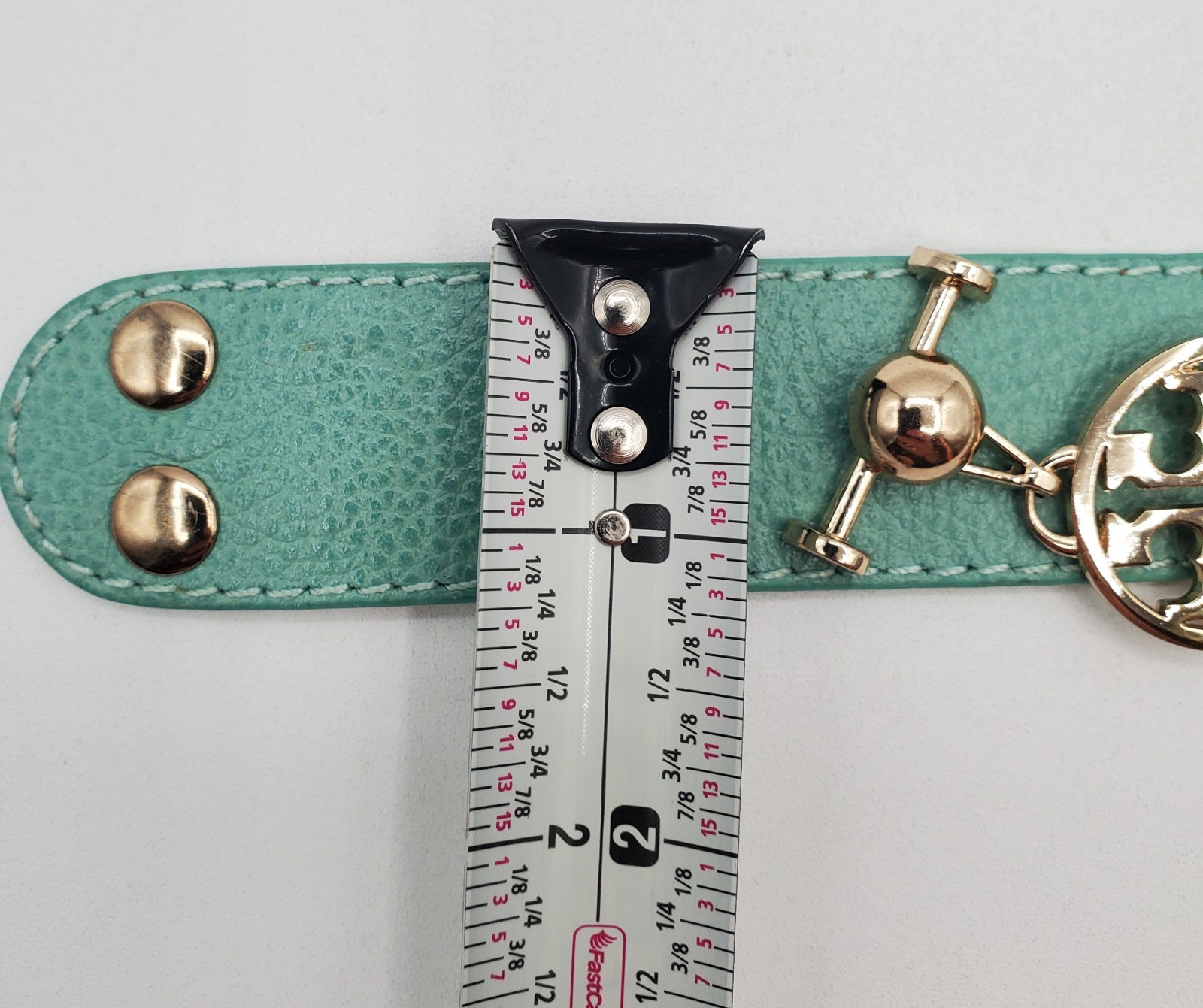 TT Monogram Wrap Bracelet 1in Wide Mint Green Pebble Leather Gold Tone Hardware