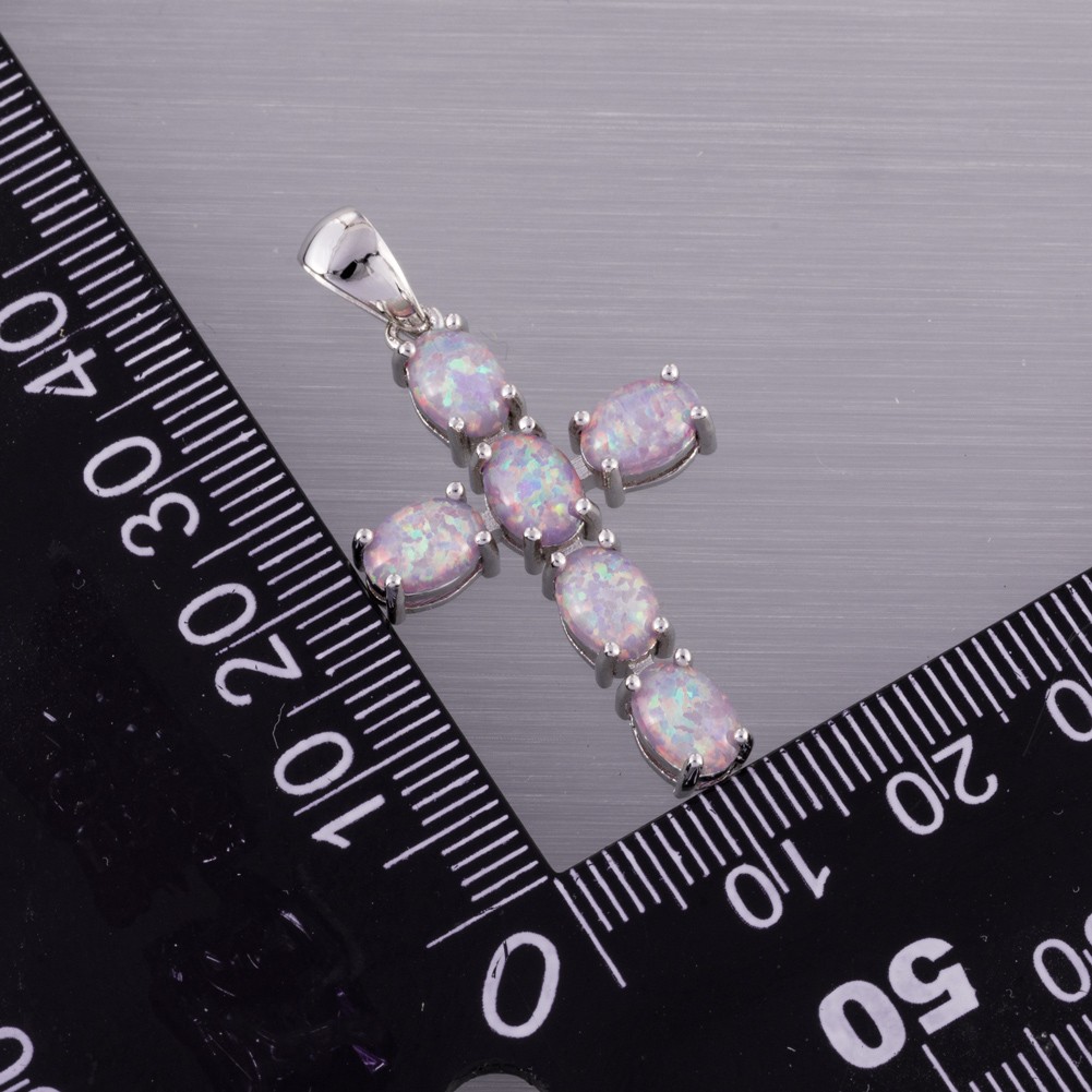 Latin Cross Lavender Purple Fire Opal Cabochon Silver Jewelry Necklace Pendant
