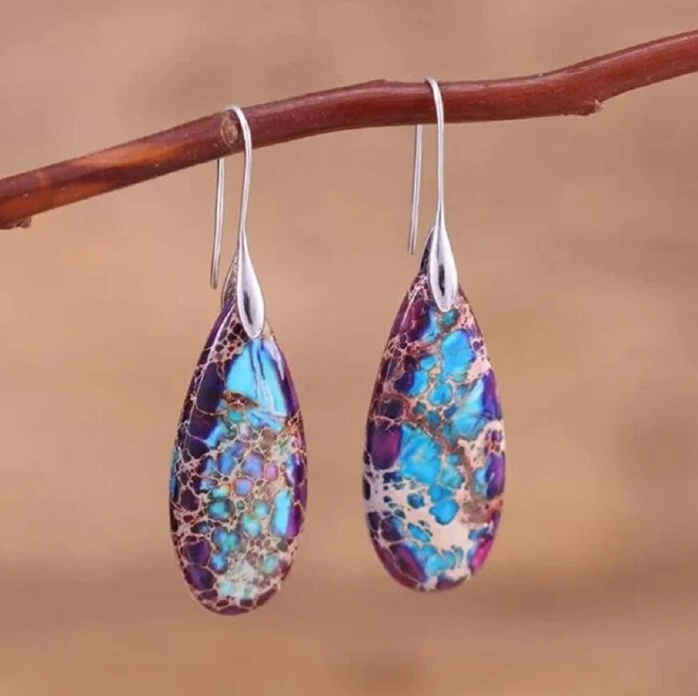 Natural Sea Sediment Jasper Teardrop Dangle Earrings for Meditation Healing