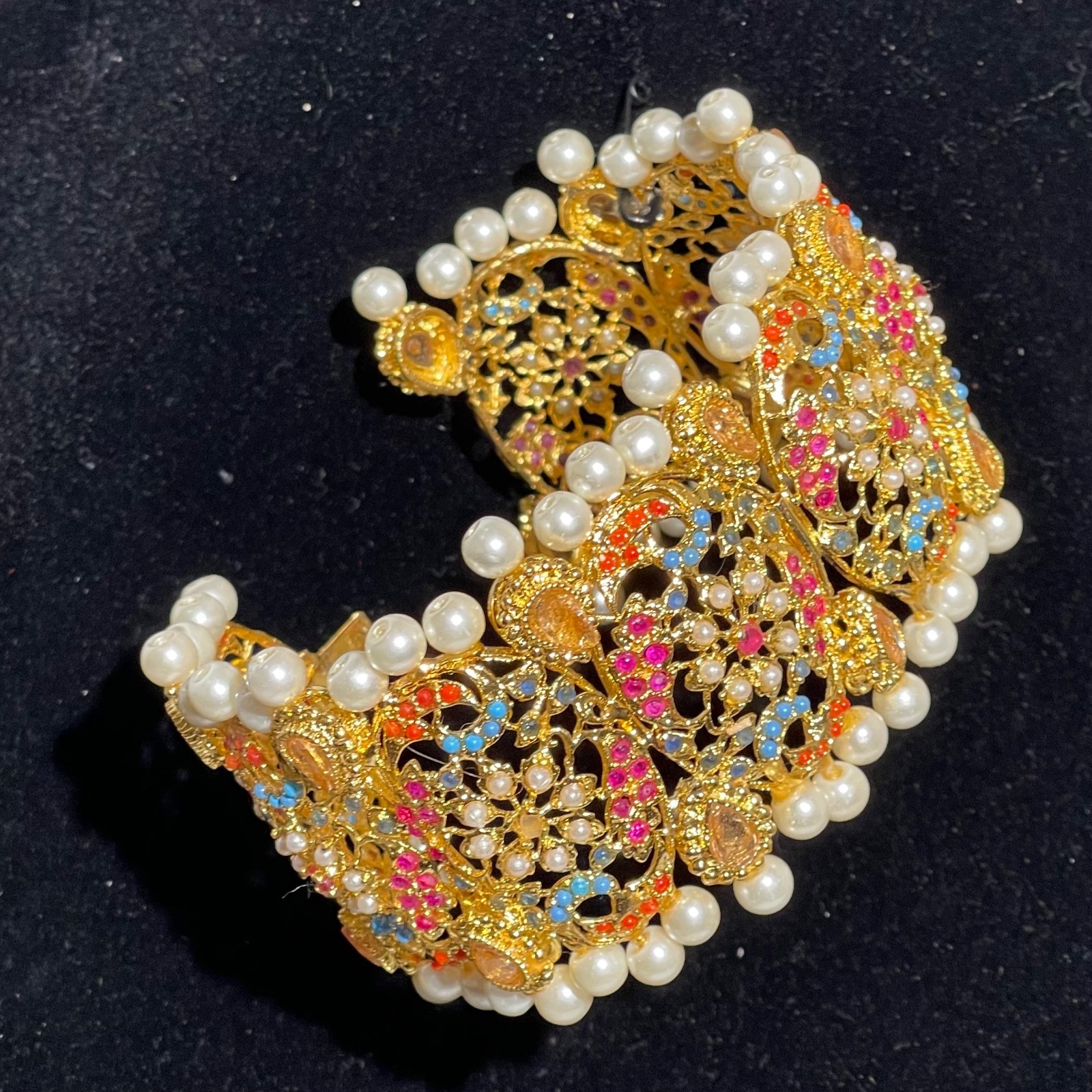 Jadau Hyderabadi Navratan Multicolor Stone Pearl Cuff Bangle Bracelet Indian