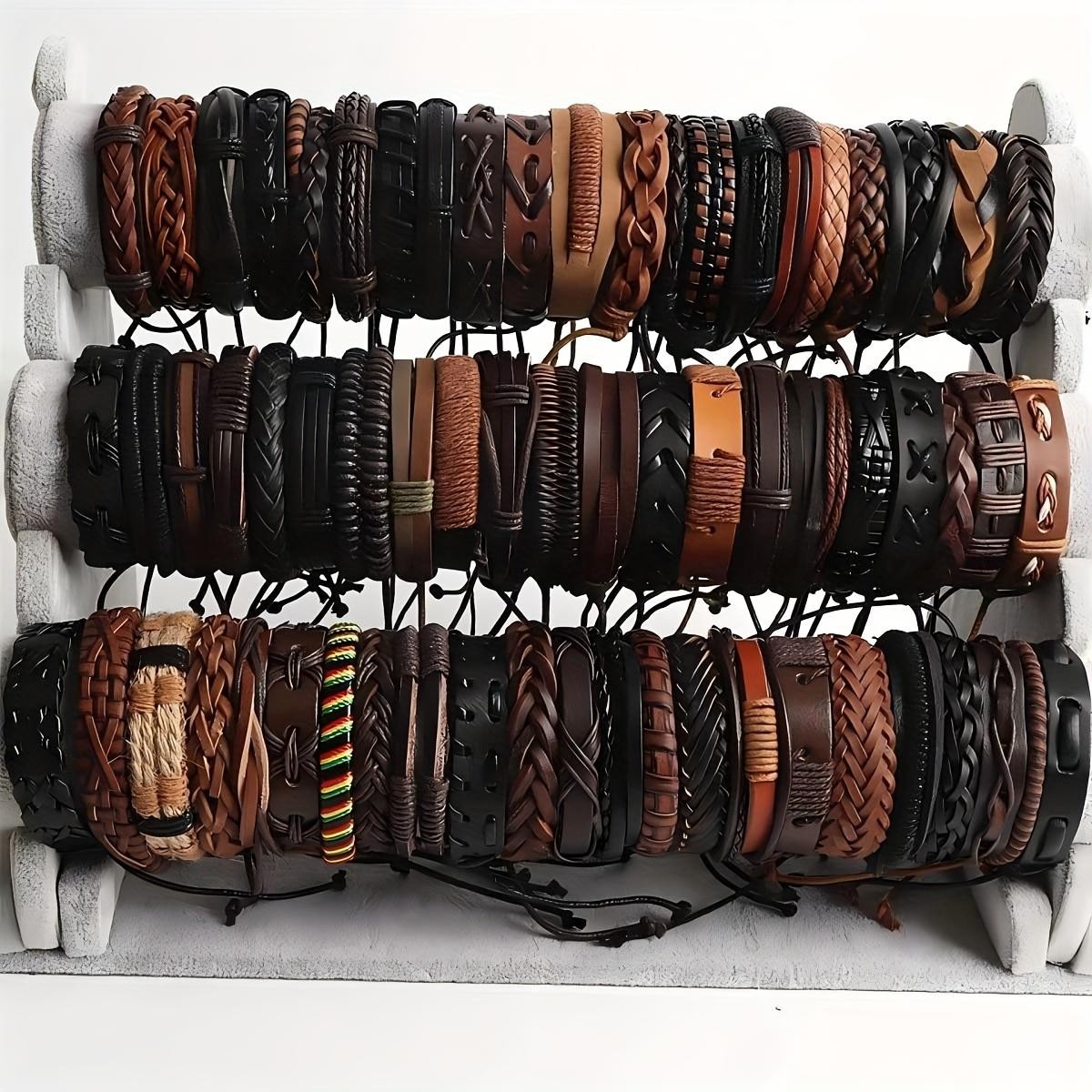 20pcs Braided Leather Bracelets Wood Beads Hemp Cord Wrap Wristbands Men Women