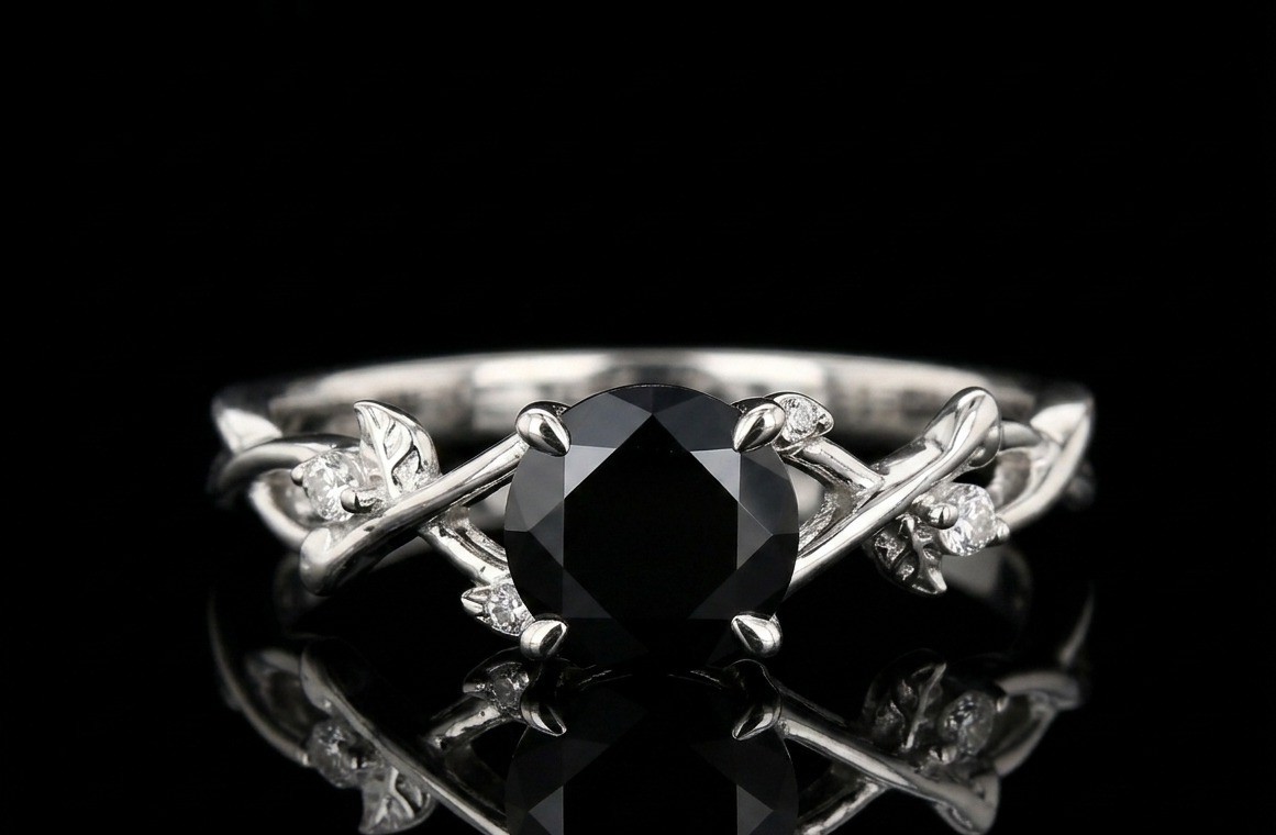 Black Onyx Engagement Ring, 925 Sterling Silver Leaf Vine Ring,