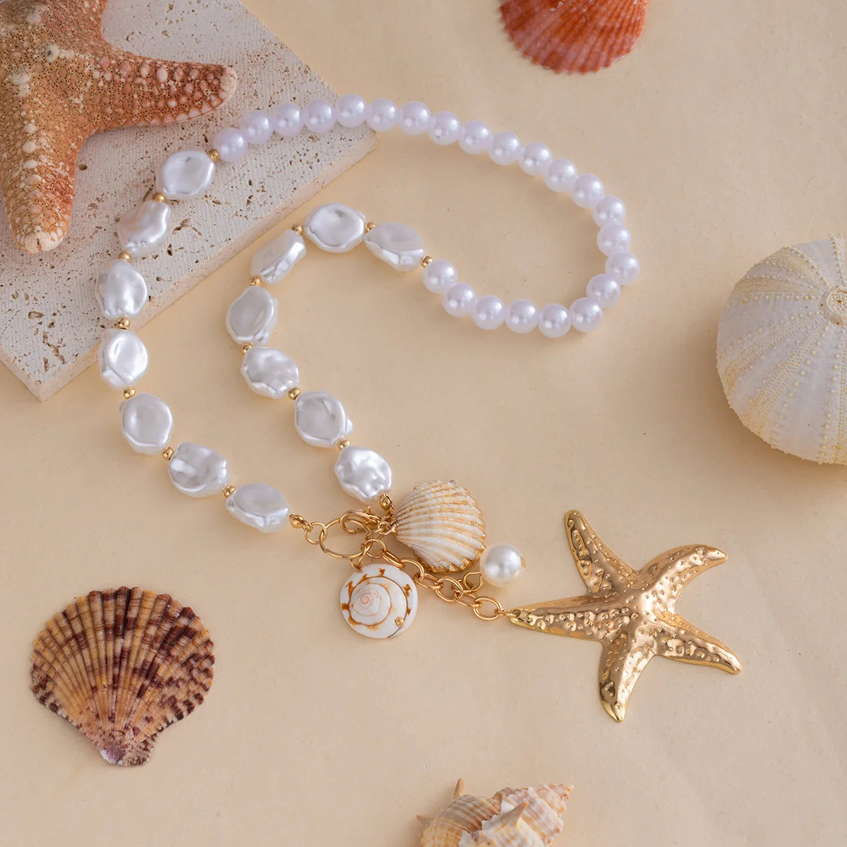 Bohemian Seaside Vacation Wind Pearl Shell Conch Starfish Necklace Female Versat