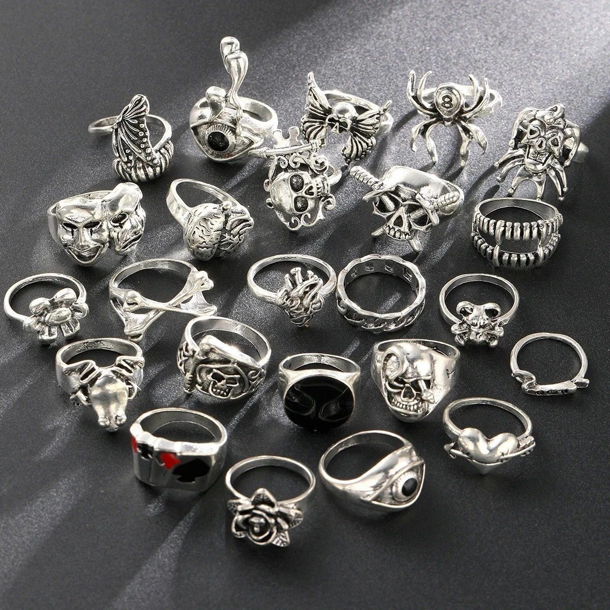 24pcs Gothic Skeleton Ring Set Punk Grunge Unisex Street Jewelry Gift – NEW
