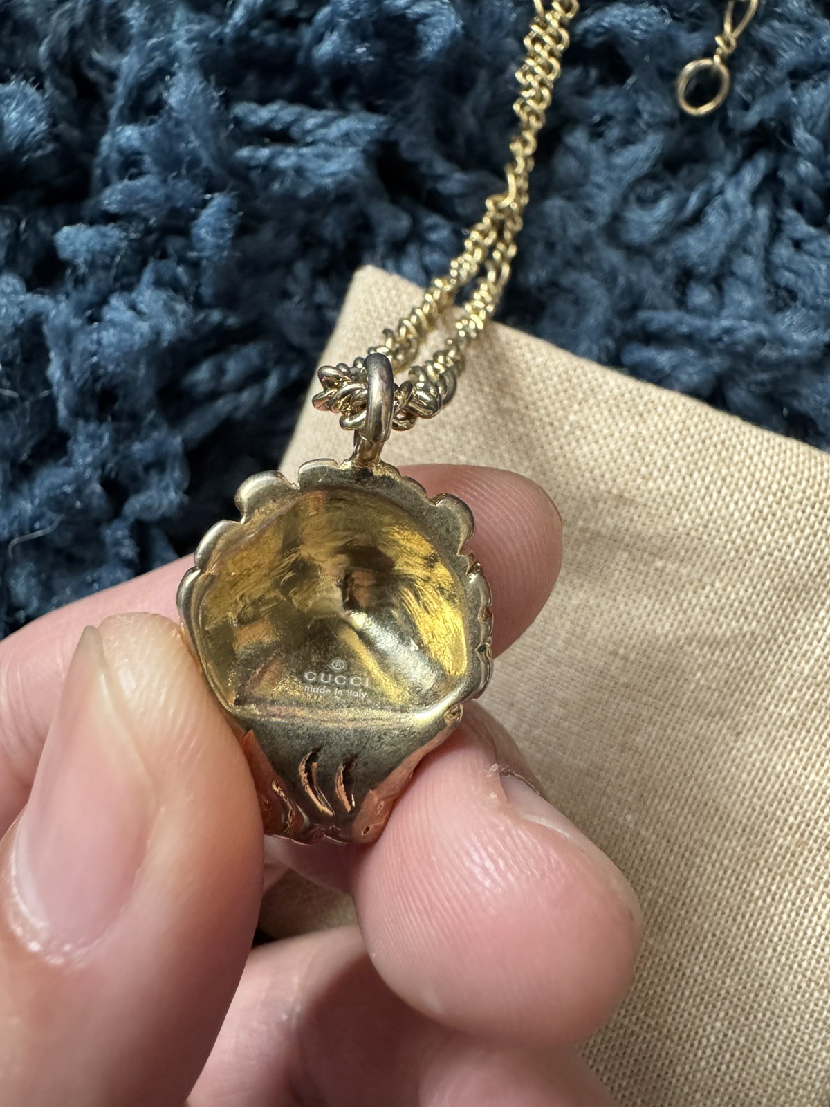 Gucci Lion Head Crystal Pendant Necklace Gold Plated 23.6in Chain Unisex