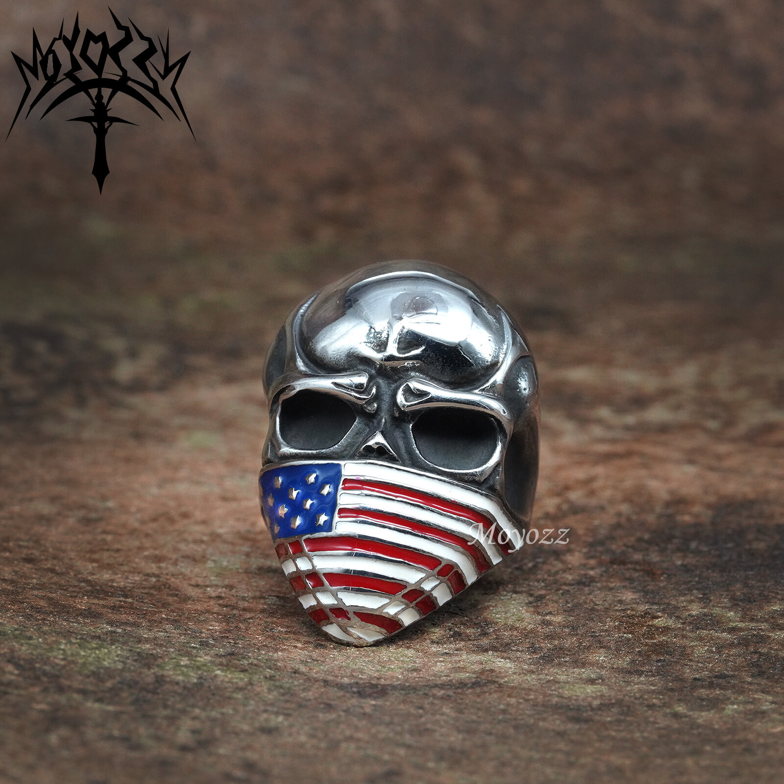 Mens Large American Biker Skull Flag Mask Ring Stainless Steel Size 7-15 16 Gift