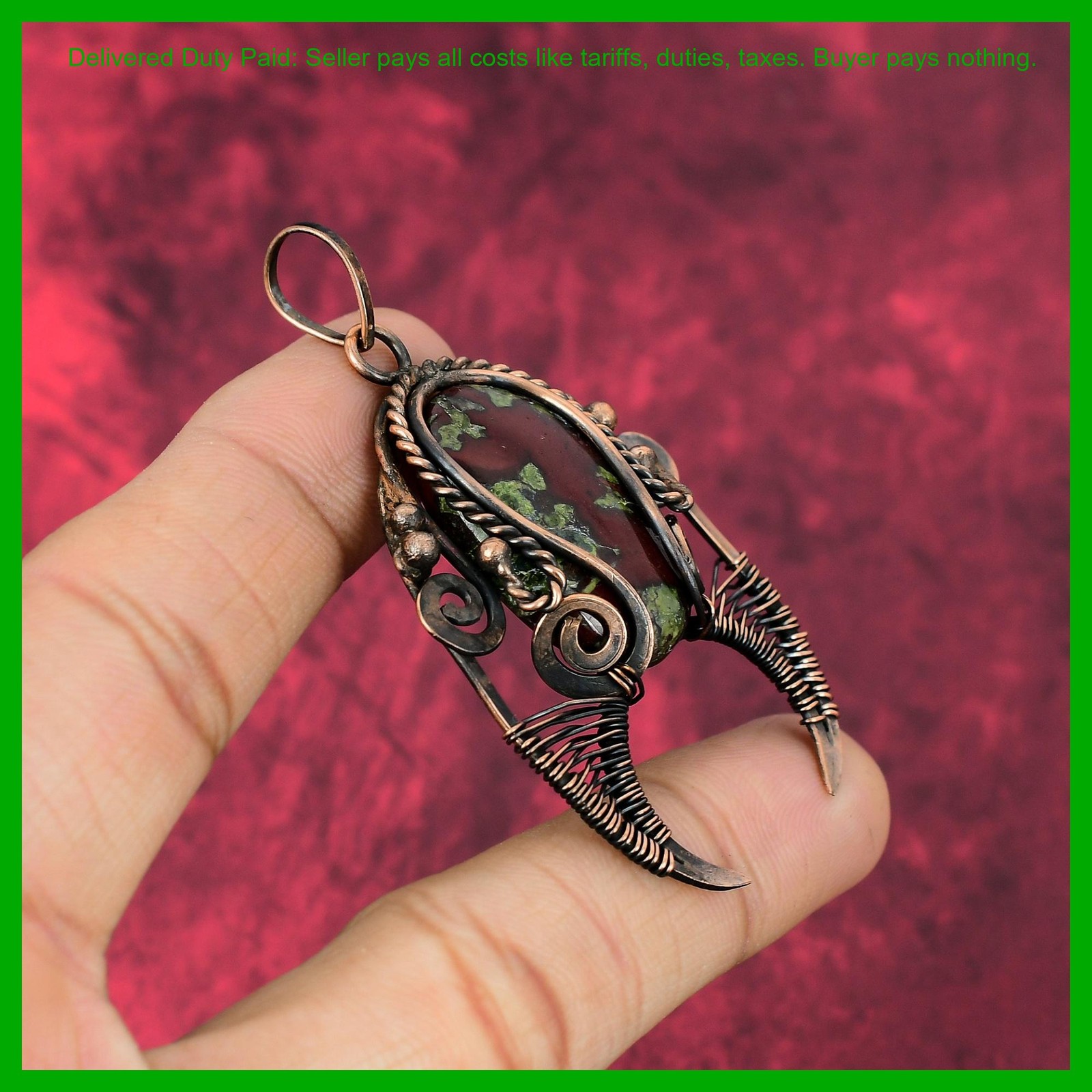 Copper Dragon Bloodstone Stone Unique Wire Wrapped Artisan Mother Gift Pendant