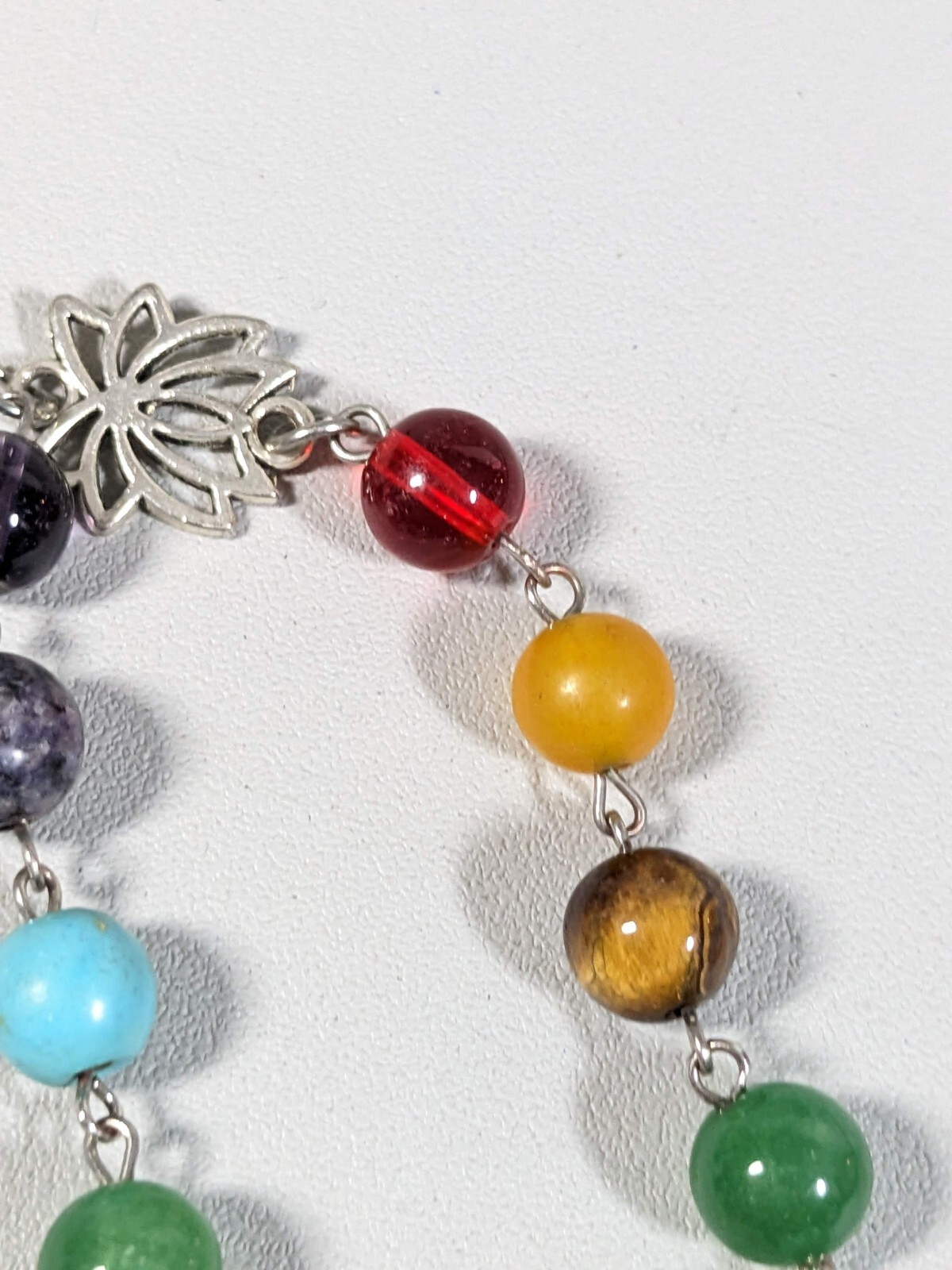 Silver Tone Lotus Flower Rainbow Stone Round Beaded Bracelet 10 inches