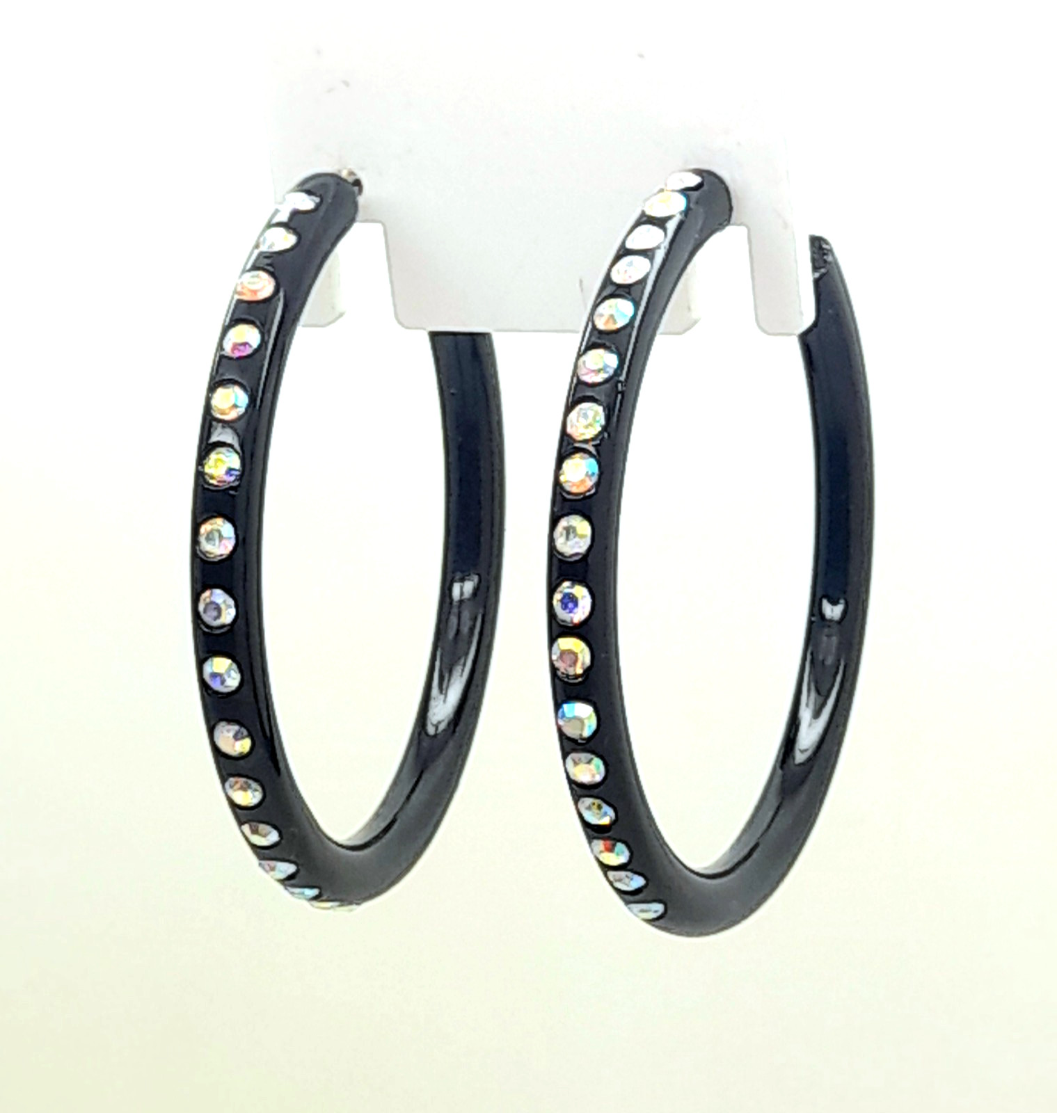 E001 VINTAGE 1.75INCH THIN BLACK PLASTIC HOOP WITH CLEAR AB FASHION EARRINGS