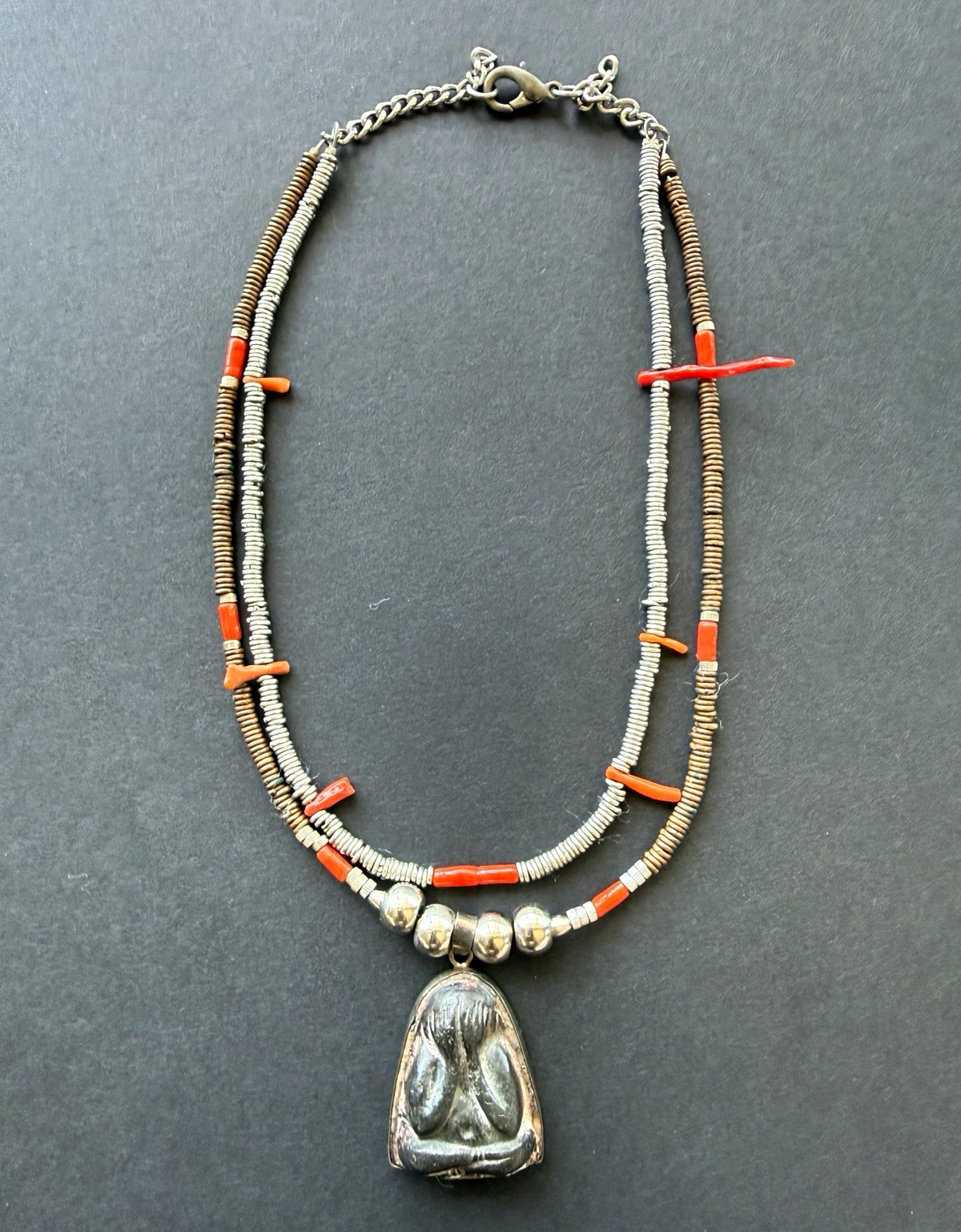 Vintage Phra Pidta 925 Sterling, Copper & Coral Beaded Necklace w/Charm Pendant