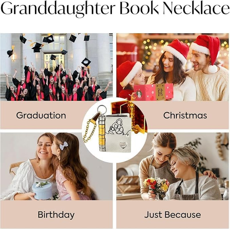 Granddaughter Book Necklace 6-Page Engraved Pendant Gift from Grandma