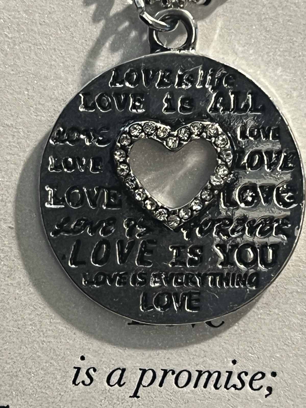 Silver Tone “Love is a Promise” Pavé Crystal Pendant Necklace, 18 in Adjustable