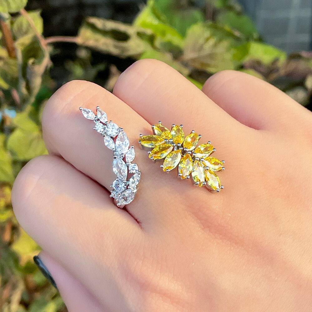 Marquise Silver Plated Yellow Cubic Zirconia Leaf Adjustable Open Cuff Wrap Ring
