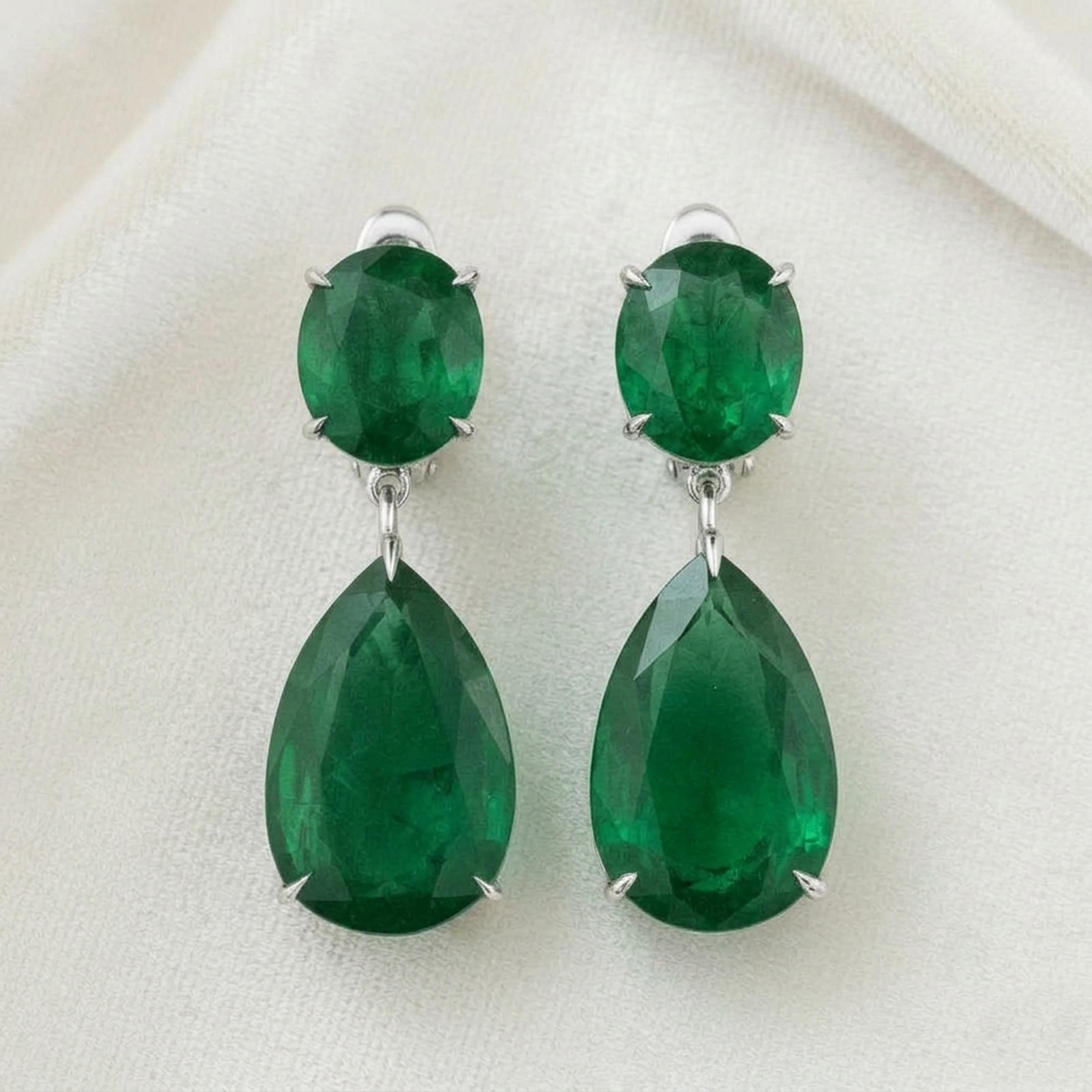 Green Pear & Oval CZ Two Stone 925 Silver Engagement Wedding Teardrop Earrings