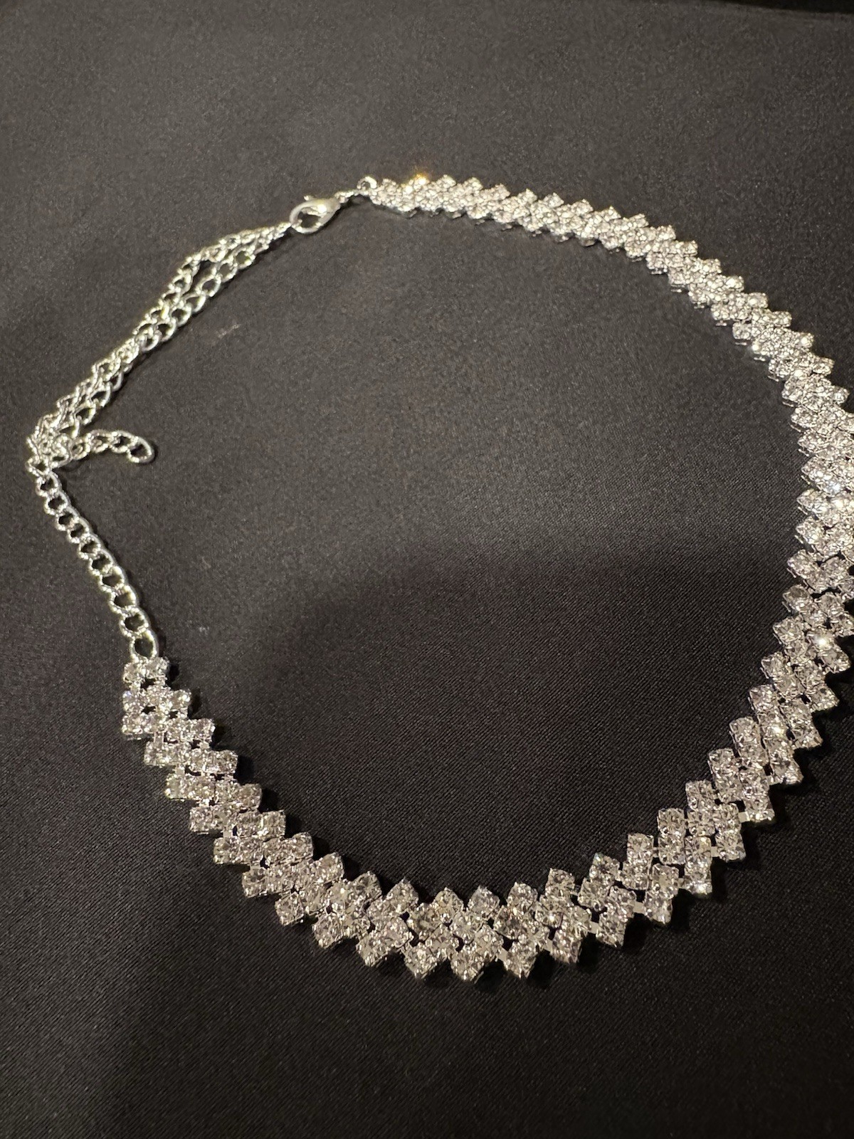 Silver Crystal Tennis Chain Necklace Round Prong Set Lobster Clasp 16.52in