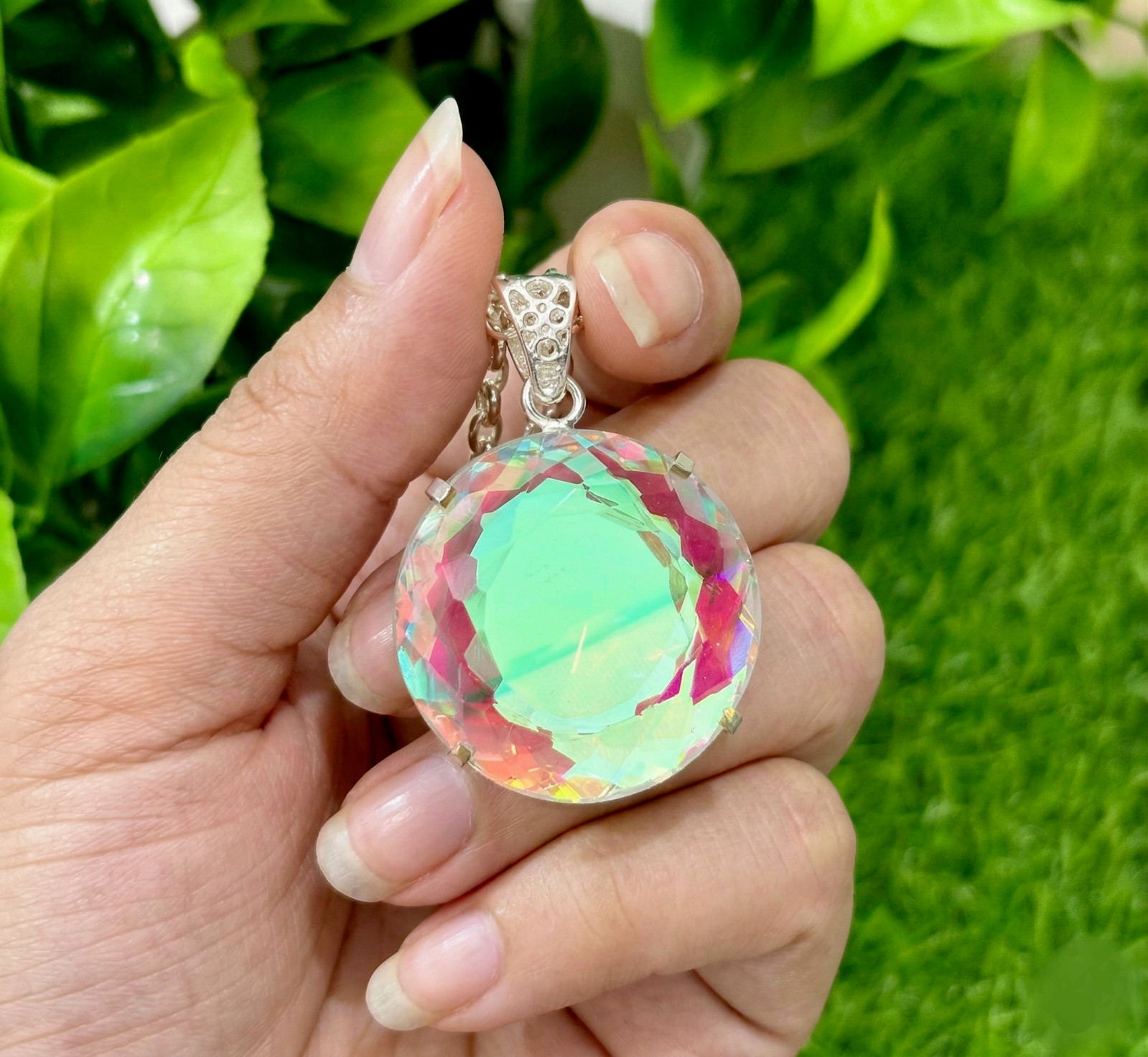 Handcrafted Dichroic Mystic Glass Pendant Necklace, Multi-Color Round Gemstone