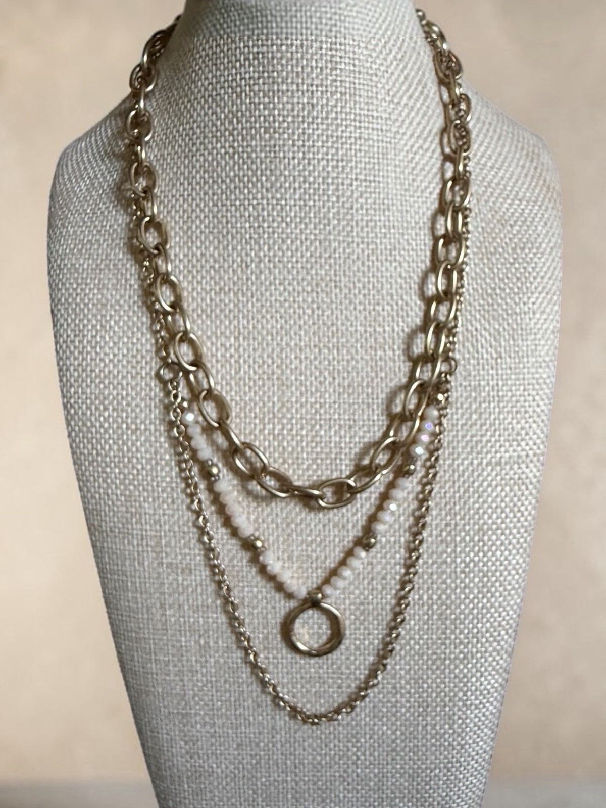 Gold Tone Layered Multi-Strand Cable Chain Necklace w/ White Beads Circle Charm