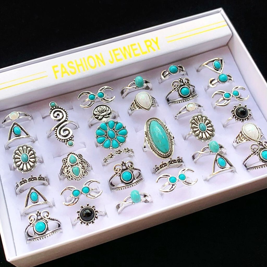 50pcs/lot Mix Bohemia Turquoise Vintage Rings Women Ethnic Silver Plated Jewelry