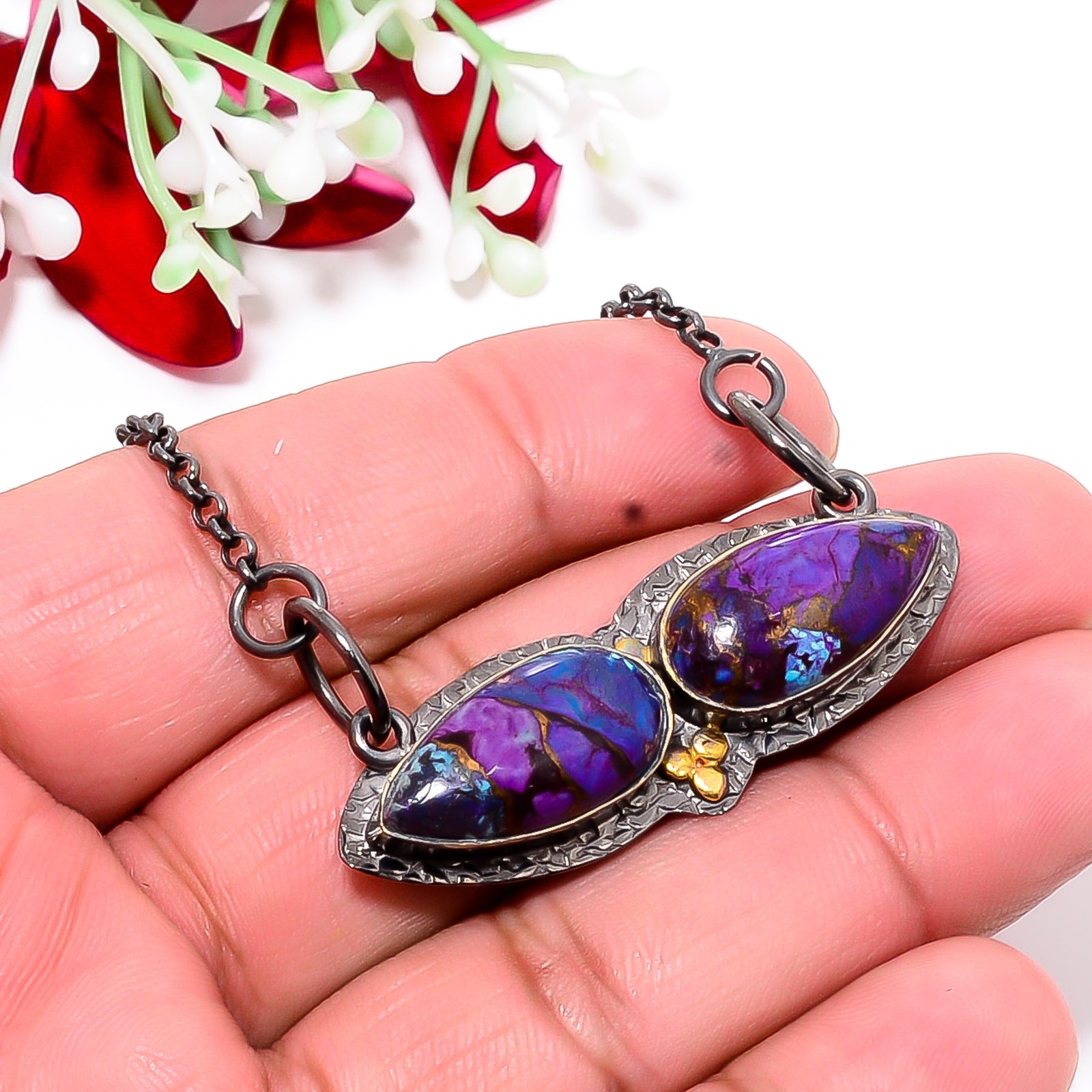 Copper Purple Turquoise Black And Gold Rhodium 925 Silver Pendant 18-22″ Cp7