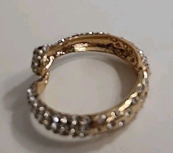 Snake Bracelet Hinged White Pave Rhinestones Black Eyes Gold Tone Size 6.5 to 7