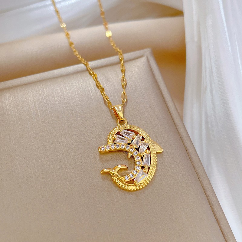 Zircon Dolphin Light-Luxury Gold Tone Crystal Style Fashion Necklace