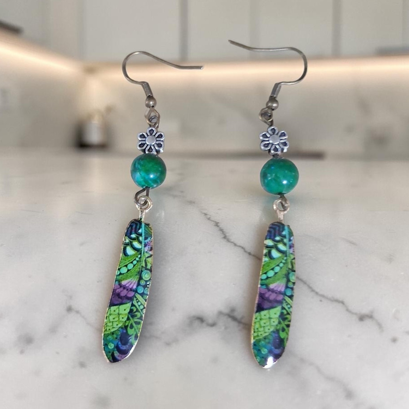 Green Multicolor Metal Feather Floral Dangle Drop Hook Earrings Nature Theme