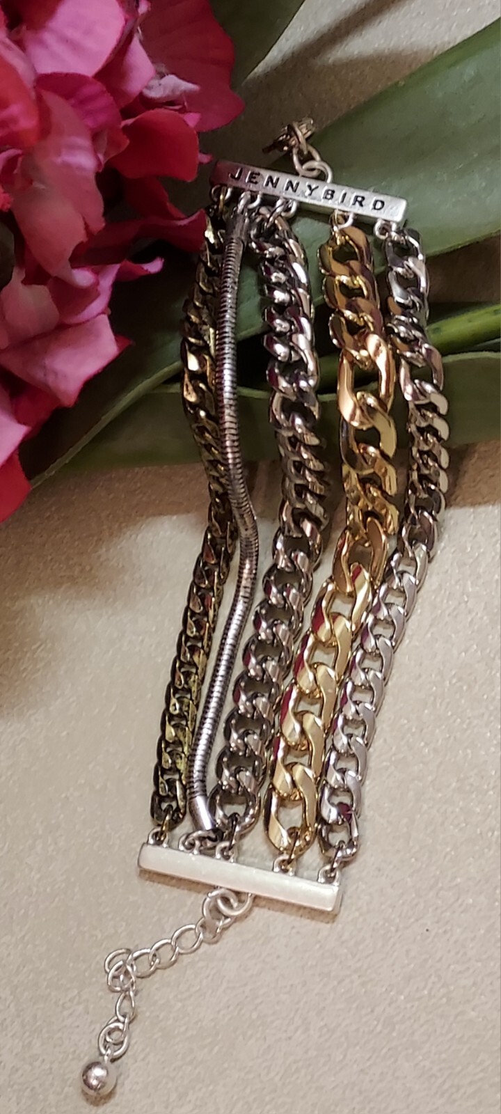 Signed Jenny Bird Multi Chain Bracelet Curb Link Snake Chain With Pouch