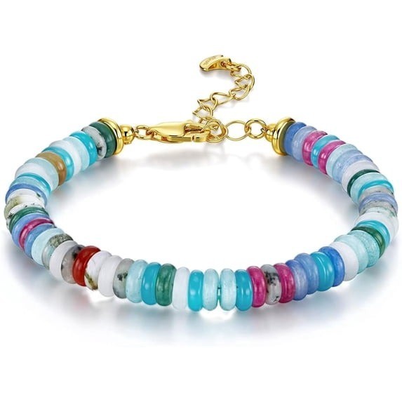 Gold Tone Multicolor Disc Beaded Bracelet Women Simulated Stone Jewelry Gift Set