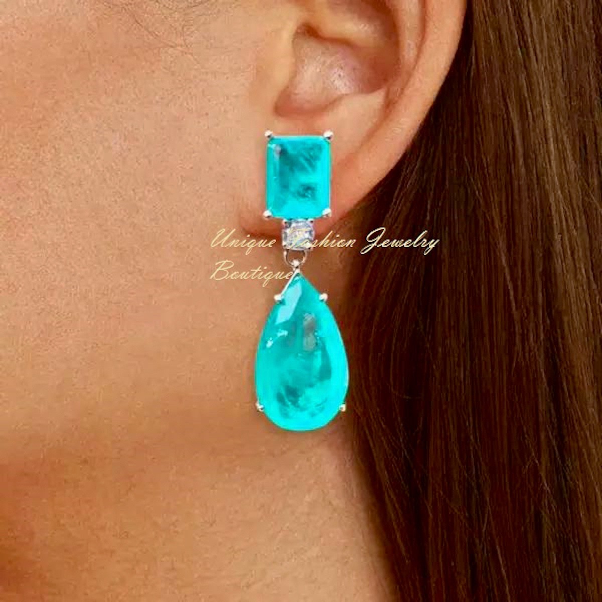18k Platinum Plated 24 CT Paraiba Tourmaline Drop Earrings Over Sterling Silver