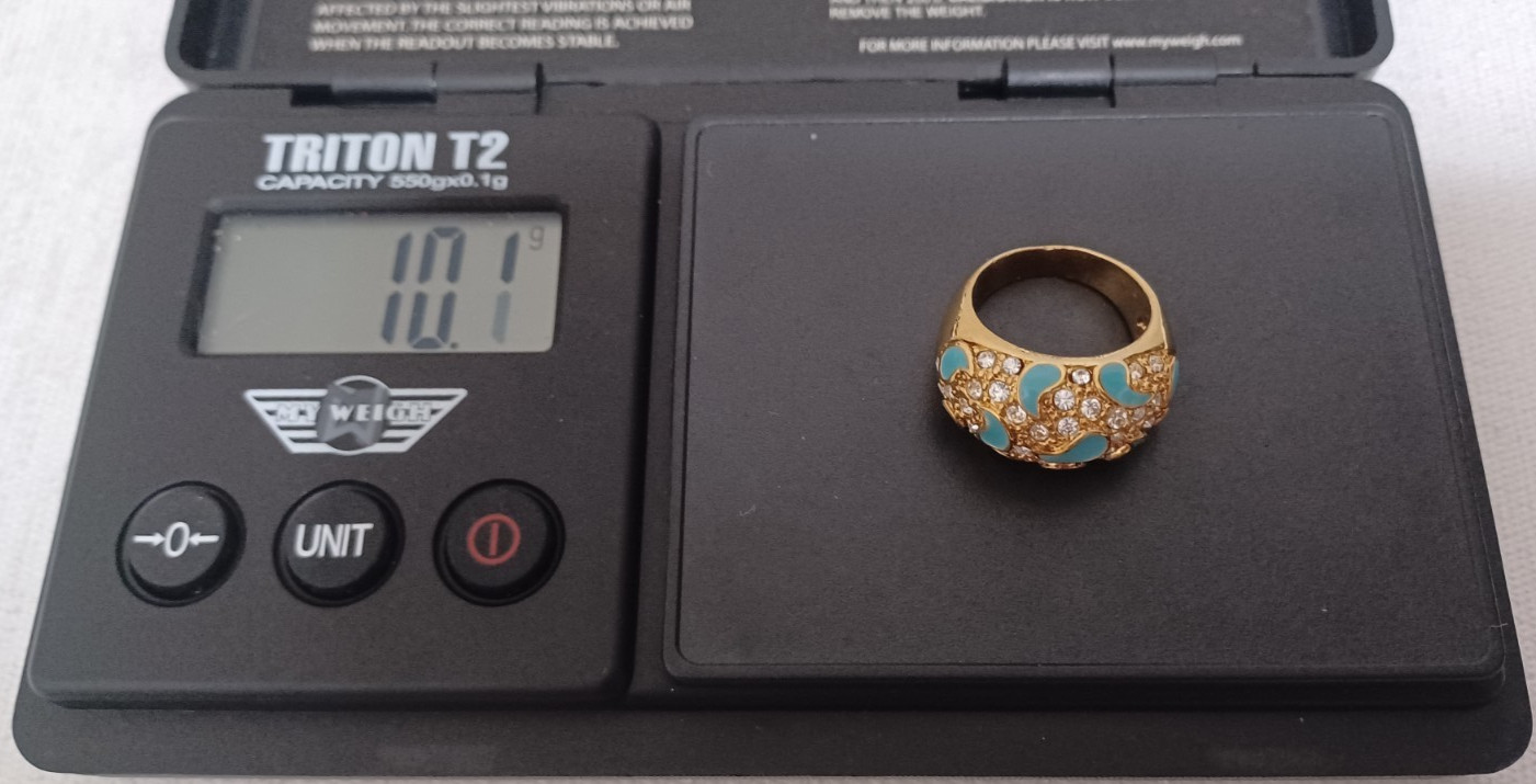 Gold Tone Turquoise Enamel Ring W/Crystals Size 5.5 10.1 Grams