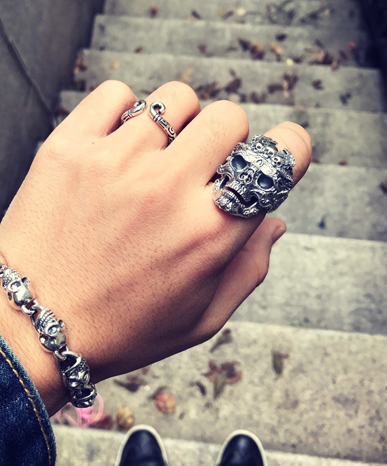 Chunky Gothic Skull Band Ring Tattoo Biker Heavy Metal Adjustable Ring